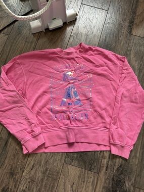Pink Crewneck Sweater with Holographic 'Flying Cows Space Alien' Graphic